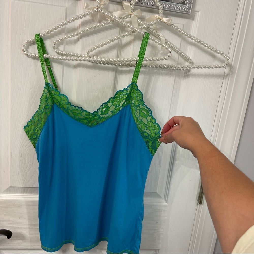 Blue and Green Lace Trim Cami Top JOSIE Vintage